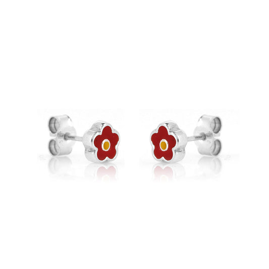 Red Flower Stud Earrings - Sterling Silver