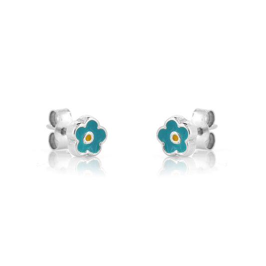 Teal Flower Stud Earrings - Sterling Silver
