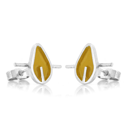 Tiny Stem Yellow Leaf Stud Earrings - Sterling Silver