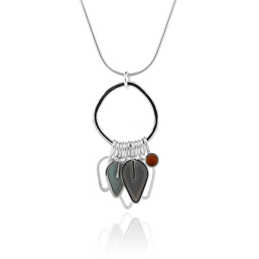 Mini Drop Leaf Outline, Charcoal Leaf, Duck Egg Leaf and Orange Dot Pendant Drop Earrings