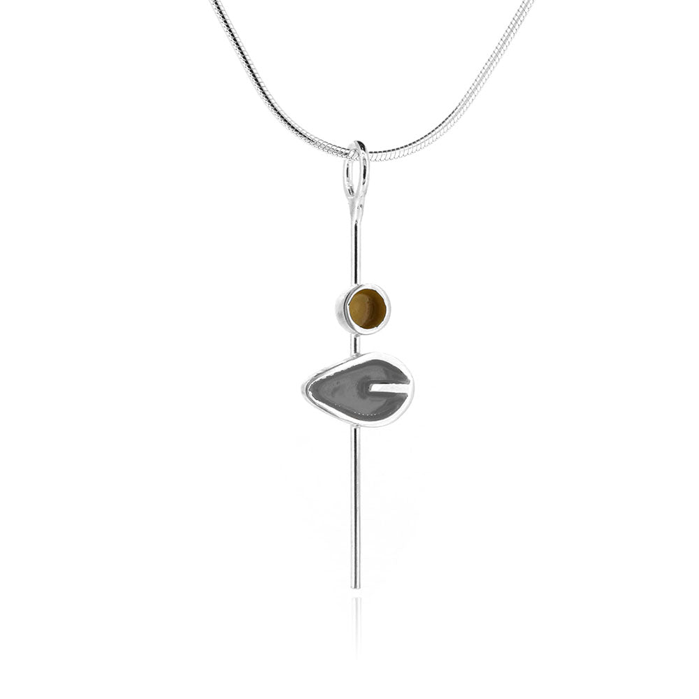 Single Charcoal Leaf and Yellow Dot Necklace - Sterling Silver