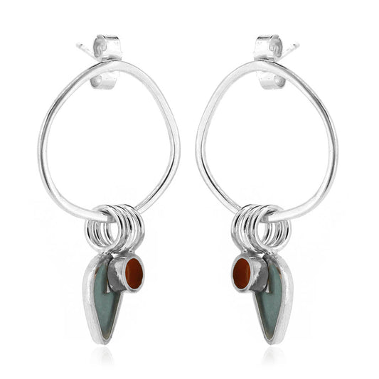 Drop Loop Studs with Duck Egg Leaf and Orange Dot - Sterling Silver Stud Earrings