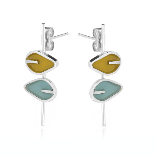 Long Stem Double Leaf Yellow and Duck Egg Stud Drop Earrings - Sterling Silver Stud Earrings