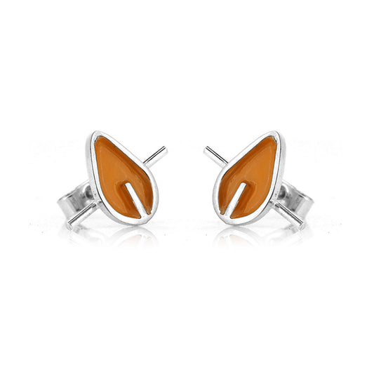 Tiny Stem Orange Leaf Stud Earrings - Sterling Silver