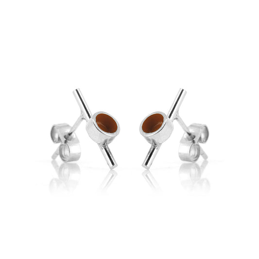 Tiny Stem And Dot Orange Stud Earrings - Sterling Silver