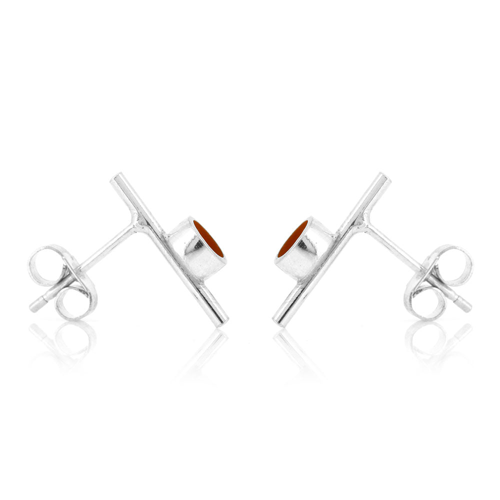Tiny Stem And Dot Orange Stud Earrings - Sterling Silver