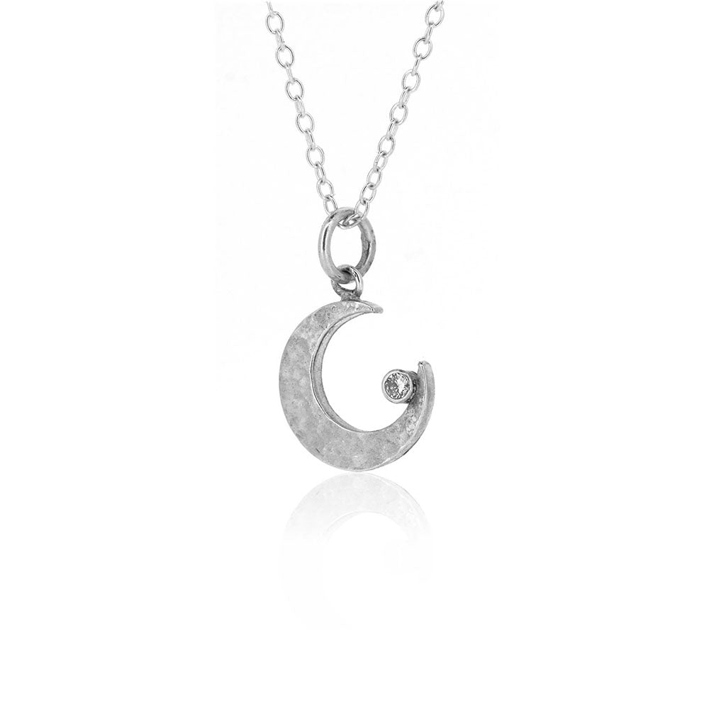 Crescent Moon Diamond Medium Necklace - Sterling Silver Necklace