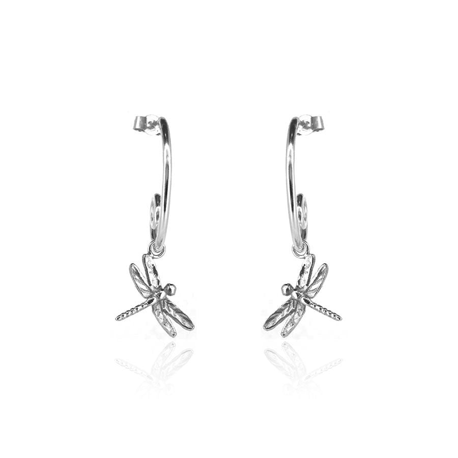 Dragonfly Hoop Earring Charm Drops - Sterling Silver Hoop Earrings
