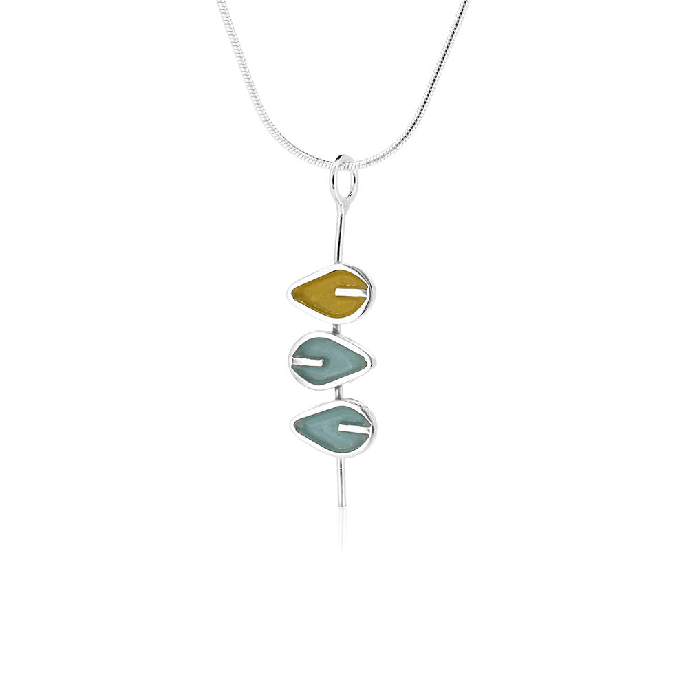 Triple Leaf Stem Duck Egg And Yellow Necklace - Sterling Silver