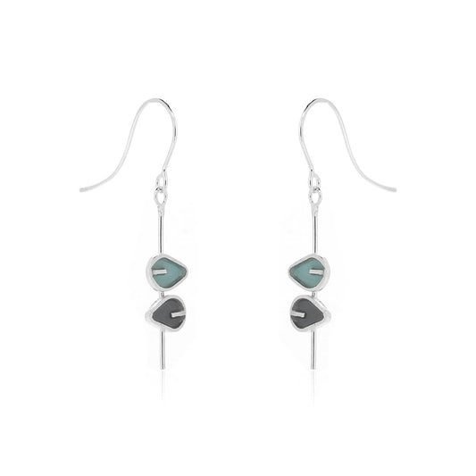 Double Leaf Long Stem Duck Egg and Charcoal Drop Earrings - Sterling Silver Drop Earrings