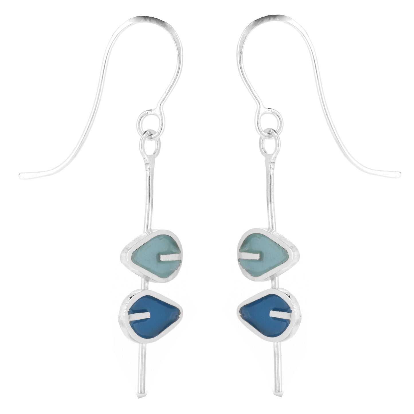 Long Stem Double Leaf Teal and Duck Egg Stud Drop Earrings - Sterling Silver Stud Earrings