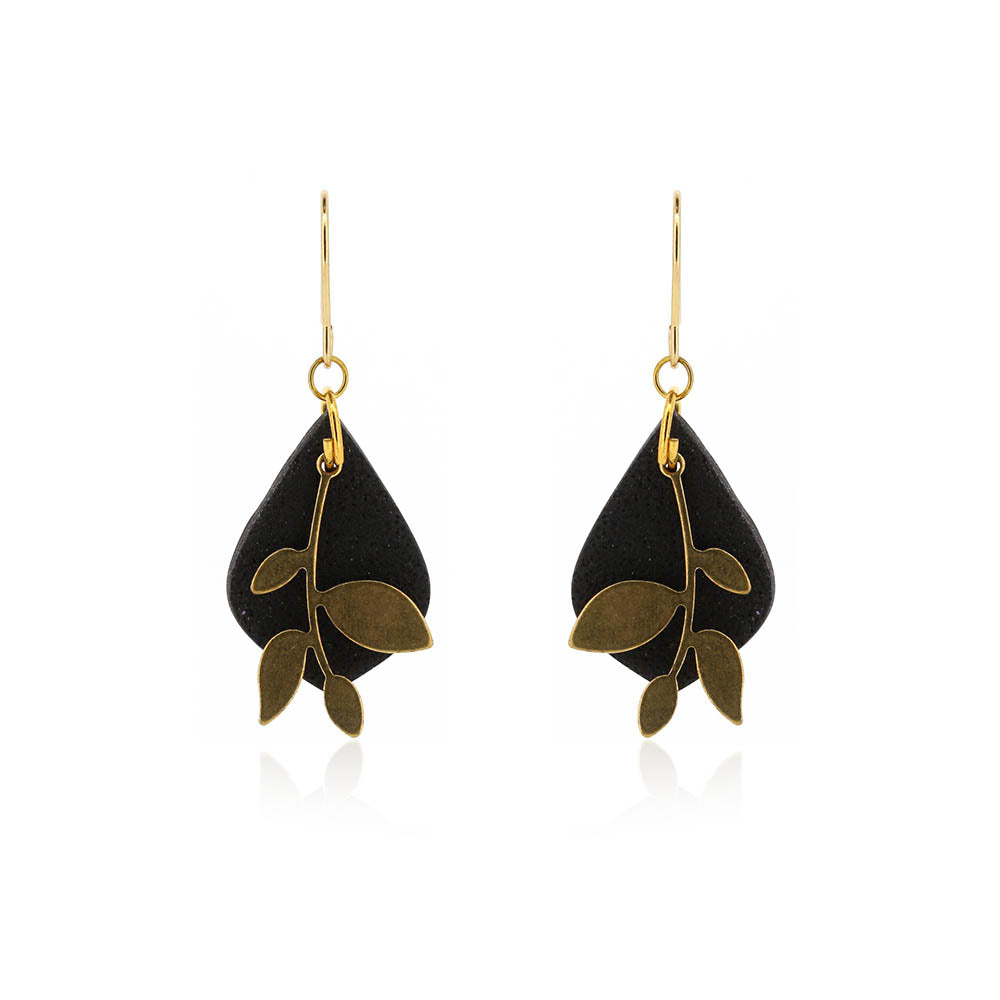 Brass Leaf Black Diamond Drop Earrings - Brass and Surgical Steel Drop Earrings