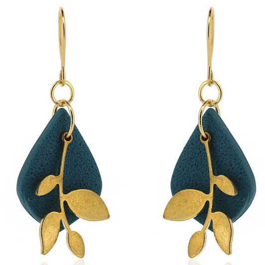 Brass Leaf Teal Diamond Drop Earrings - Brass and Surgical Steel Drop Earrings