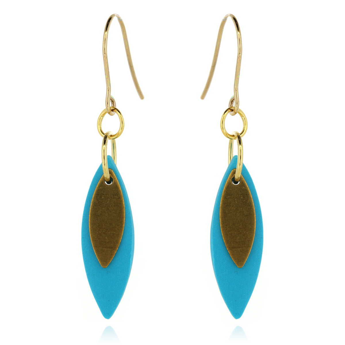 Leaf Shaped Sky Blue Polymer Clay Drop Earrings - Brass and Surgical Steel