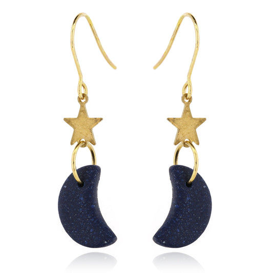 Moon & Star Polymer Clay Drop Stud Earrings - Surgical Steel - Glitter Navy