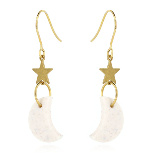 Moon & Star Polymer Clay Drop Stud Earrings - Surgical Steel - Speckled White