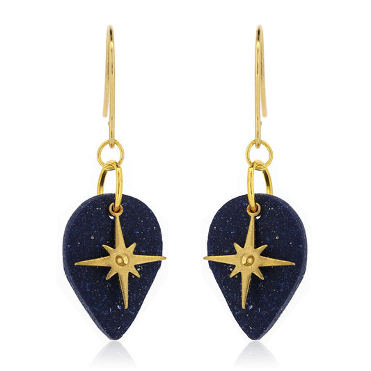 North Star Blue Teardrop Drop Earrings - Brass and Surgical Steel Drop Earrings