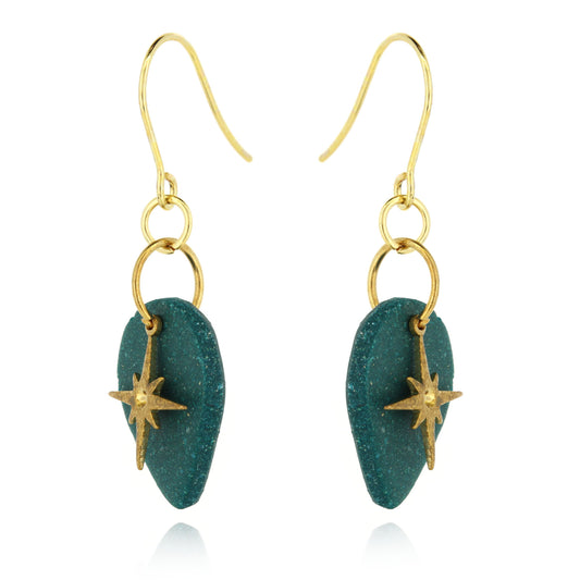 North Star Green Teardrop Drop Earrings - Brass and Surgical Steel