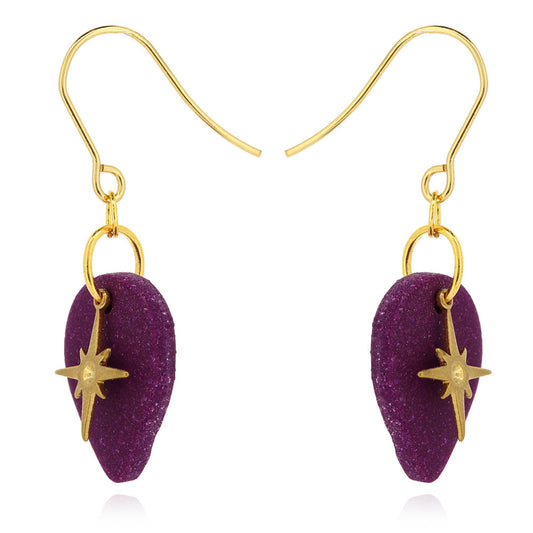 North Star Purple Teardrop Drop Earrings - Brass and Surgical Steel Drop Earrings