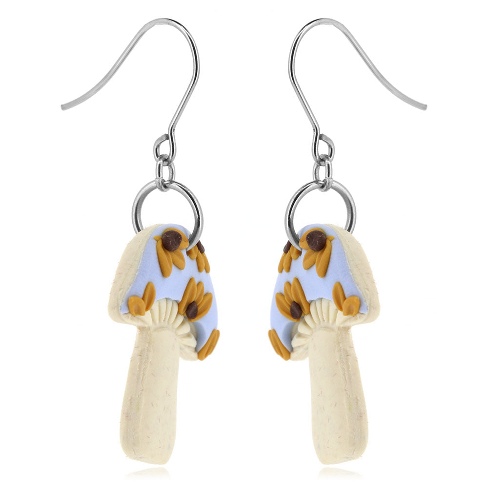 Sunflower Mushroom Polymer Clay Drop Earrings - Surgical Steel Drop Earrings