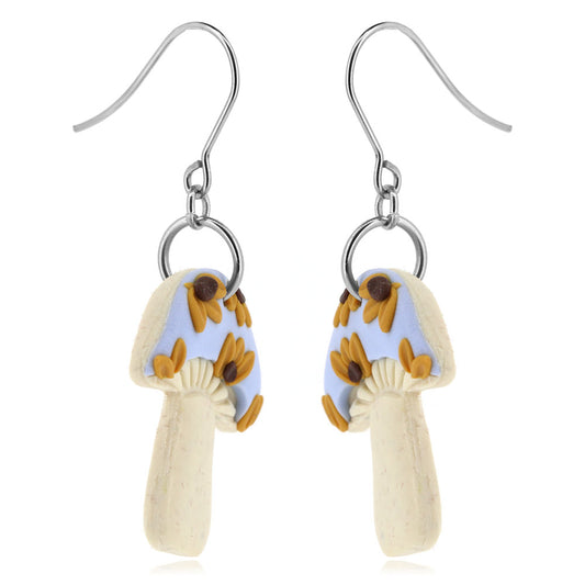 Sunflower Mushroom Polymer Clay Drop Earrings - Surgical Steel Drop Earrings