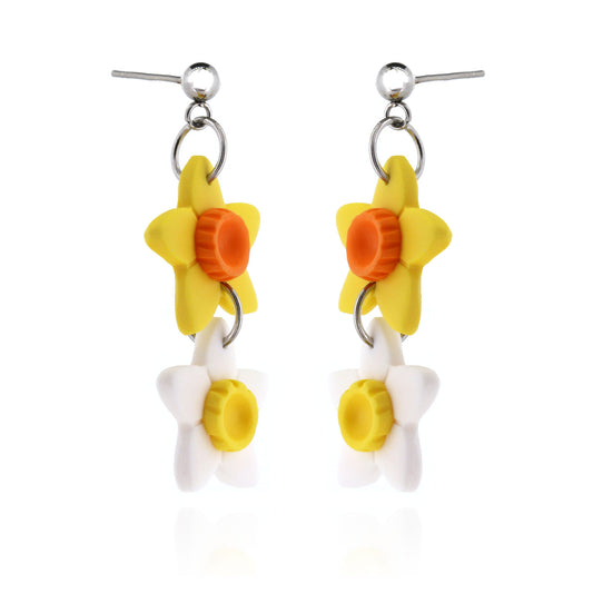 Double Daffodil Polymer Clay Drop Stud Earrings - Surgical Steel
