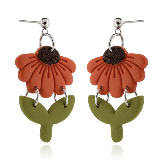 Orange Flower & Stem Polymer Clay Drop Stud Earrings - Surgical Steel