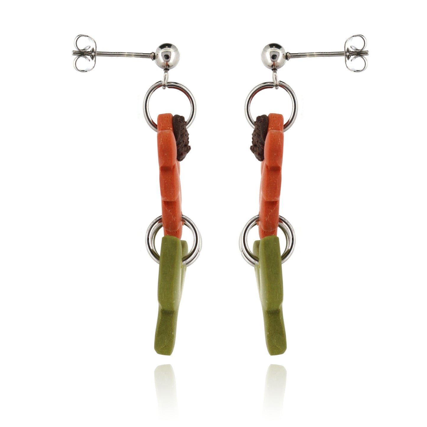 Orange Flower & Stem Polymer Clay Drop Stud Earrings - Surgical Steel