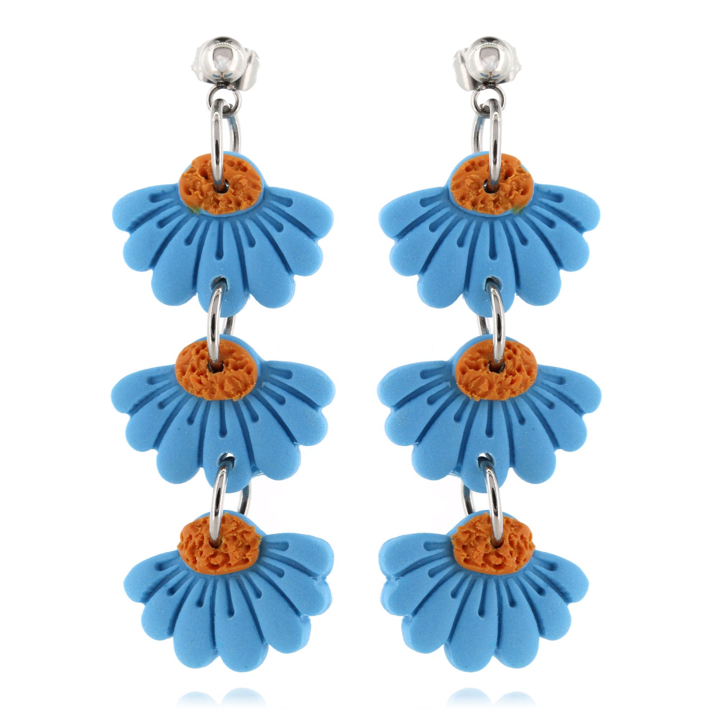 Trio Blue Flower Polymer Clay Drop Stud Earrings - Surgical Steel