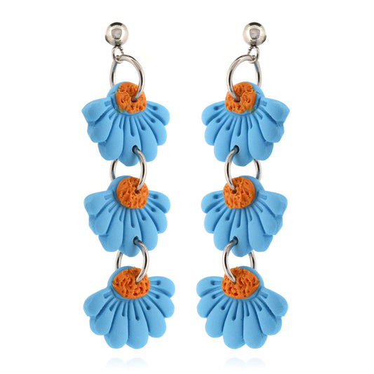 Trio Blue Flower Polymer Clay Drop Stud Earrings - Surgical Steel
