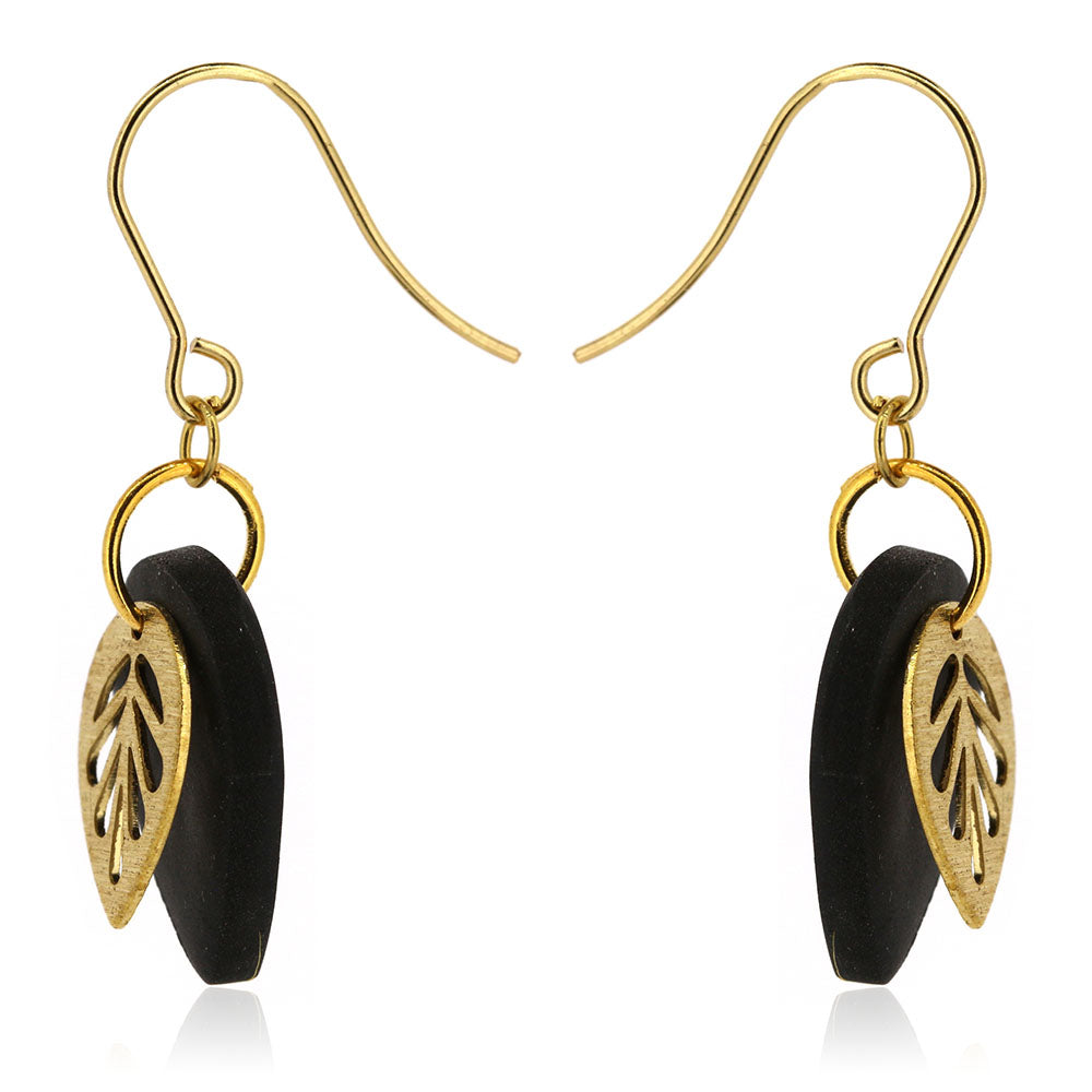 Brass Leaf Black Teardrop Drop Earrings - Brass and Surgical Steel Drop Earrings
