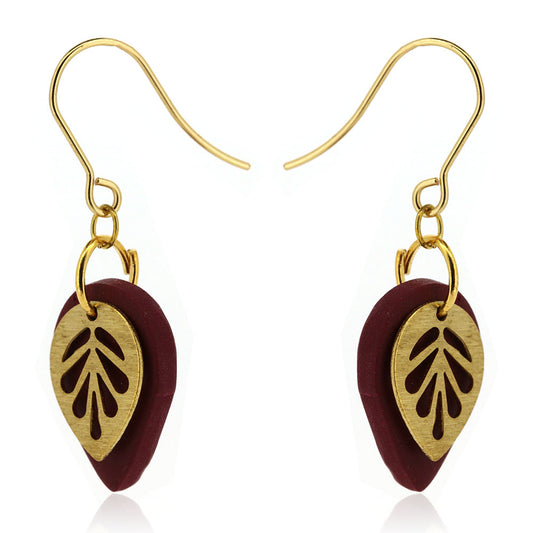 Brass Leaf Maroon Teardrop Drop Earrings - Brass and Surgical Steel Drop Earrings