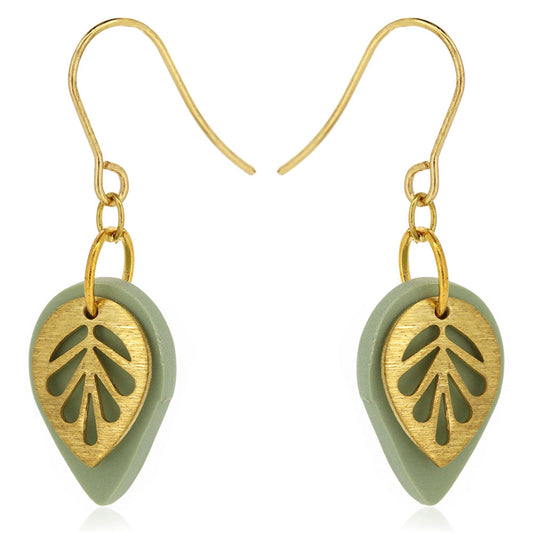 Brass Leaf Sage Teardrop Drop Earrings - Brass and Surgical Steel Drop Earrings