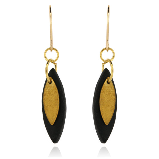 Leaf Shaped Black Polymer Clay Drop Earrings - Brass and Surgical Steel