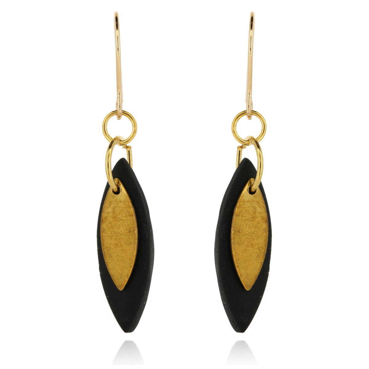 Leaf Shaped Black Polymer Clay Drop Earrings - Brass and Surgical Steel