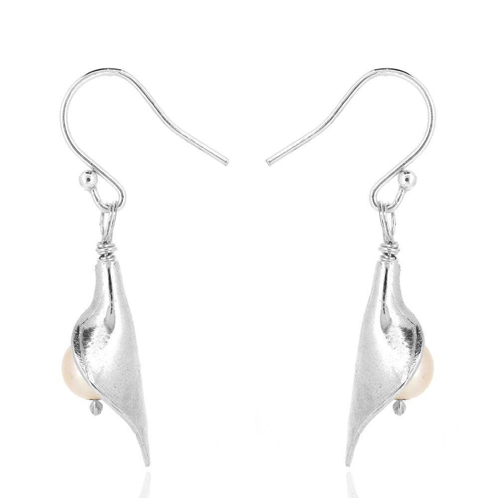 Arum Lily Large Freshwater Pearl Drop Earrings - Sterling Silver Drop Earrings