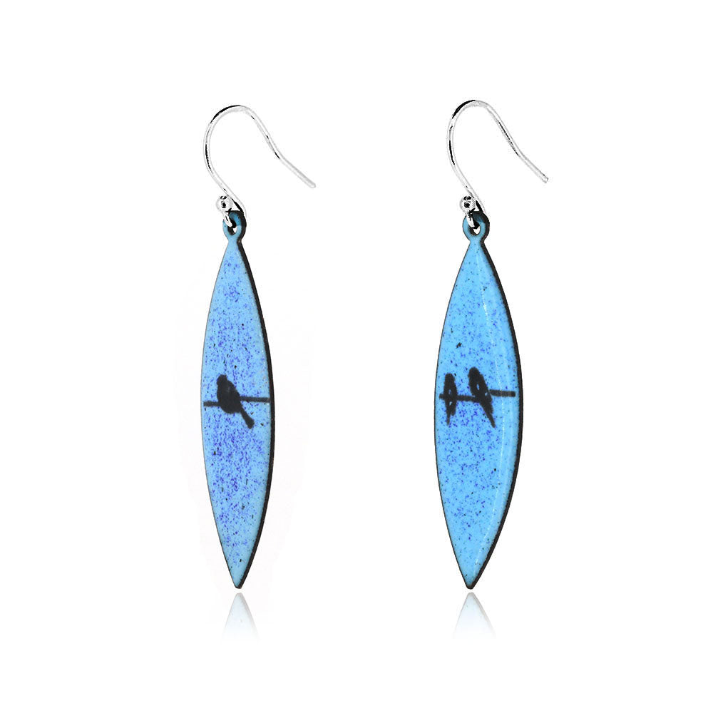 Birds on a Wire Blue Marquise Enamel Drop Earrings - Sterling Silver and Copper Drop Earrings