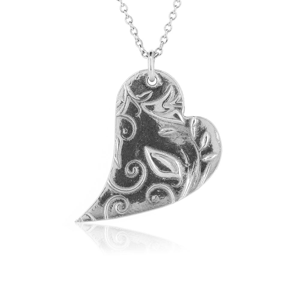 Floral Heart Large Necklace - Sterling Silver Necklace