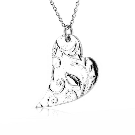 Floral Heart Large Necklace - Sterling Silver Necklace