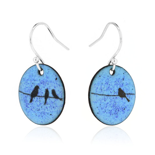 Birds on a Wire Round Enamel Drop Earrings - Sterling Silver and Copper Drop Earrings