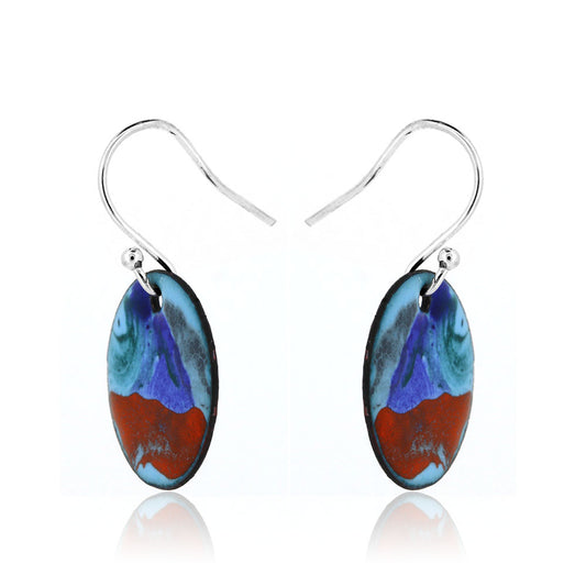 Abstract Blue Round Enamel Drop Earrings - Sterling Silver and Copper Drop Earrings