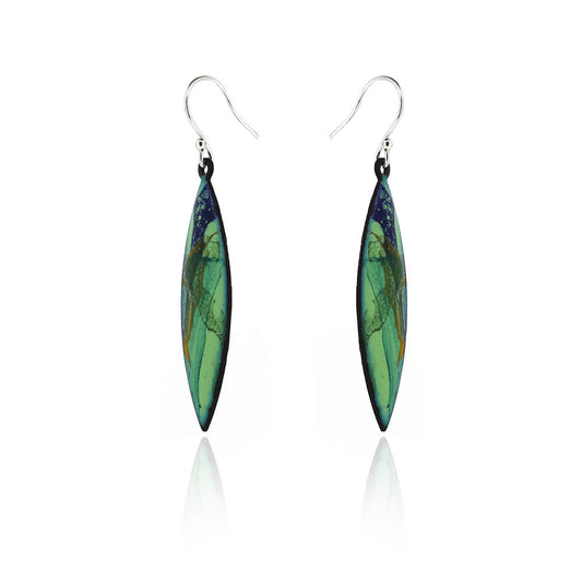 Abstract Green Marquise Enamel Drop Earrings - Sterling Silver and Copper Drop Earrings