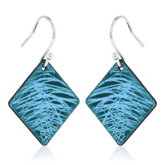 Fireworks Light Blue and Teal Square Enamel Drop Earrings - Sterling Silver and Copper Drop Earrings