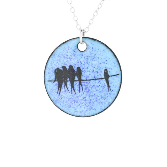 Birds on a Wire Round Enamel Necklace - Sterling Silver and Copper Necklace