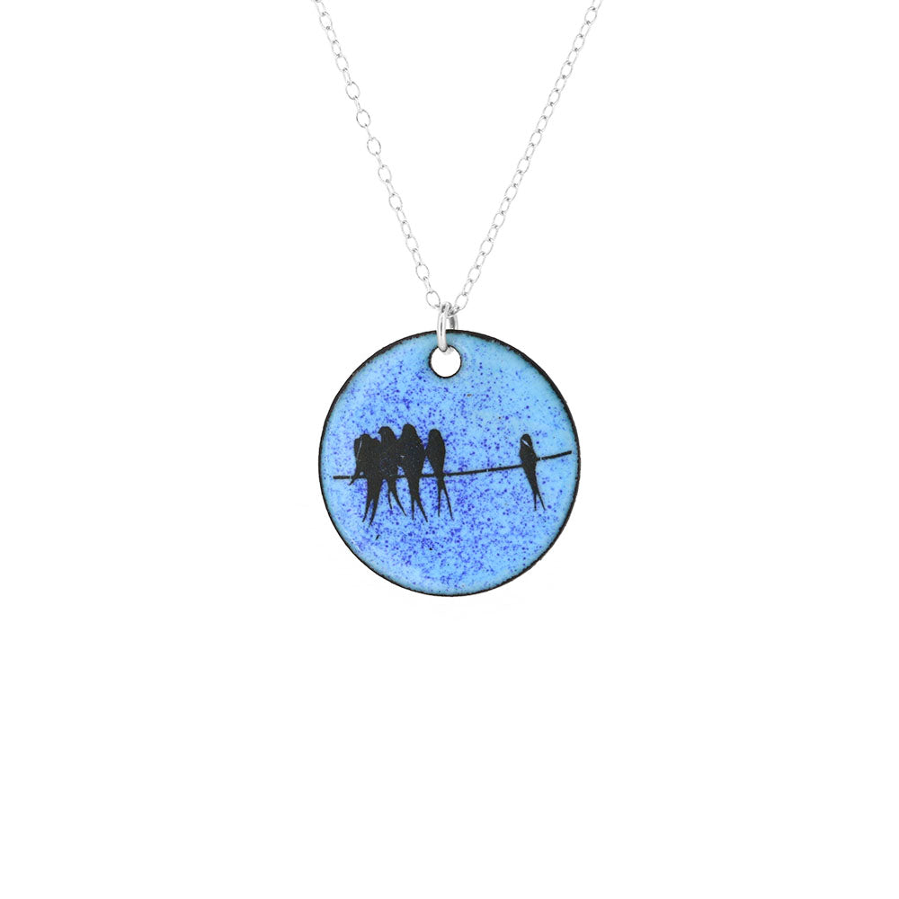 Birds on a Wire Round Enamel Necklace - Sterling Silver and Copper Necklace