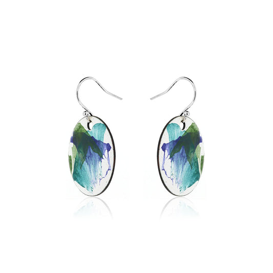 Abstract Blue and Green Large Round Enamel Drop Earrings - Sterling Silver and Copper Drop Earrings