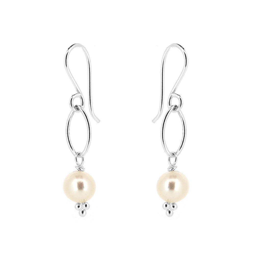 Navette White Freshwater Pearl Drop Earrings - Sterling Silver Drop Earrings