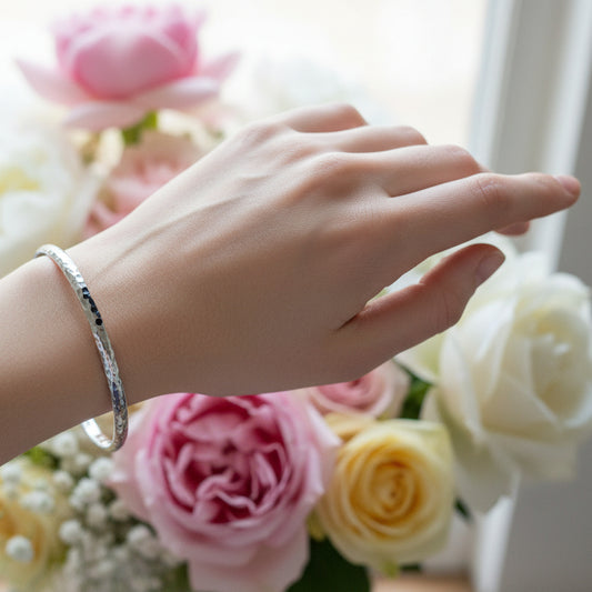 Esther 4mm Hammered Sterling Silver Bangle – Refined Width | Golden Snowdrop