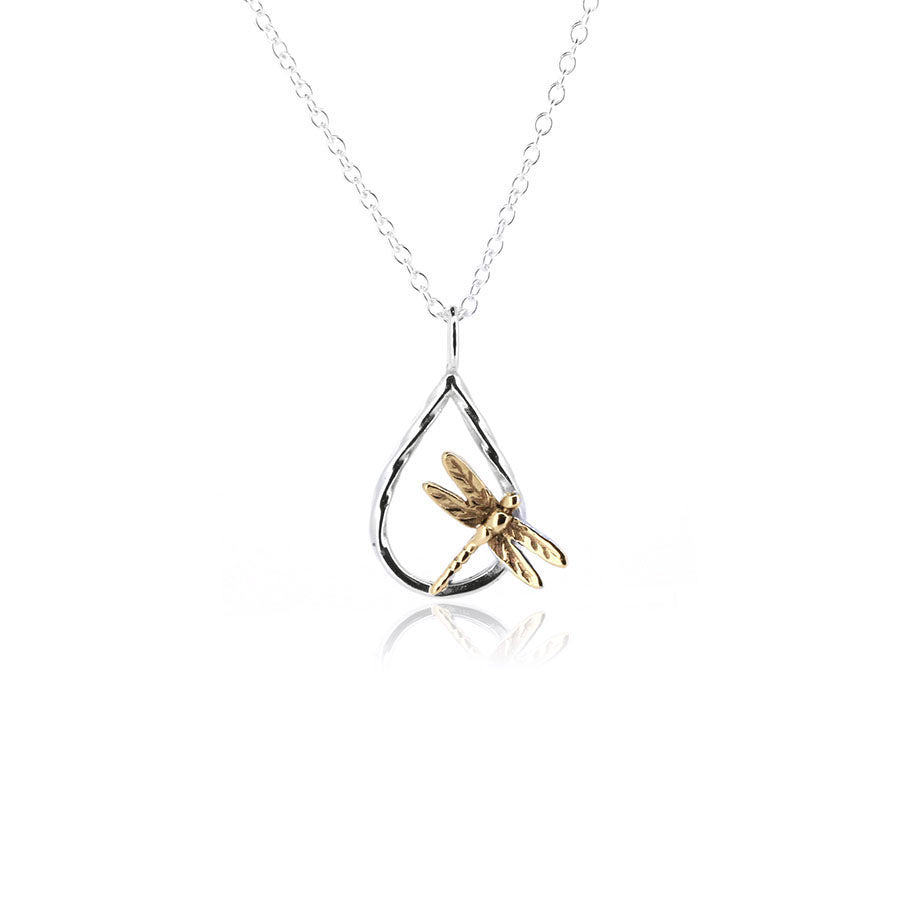 Raindrop Dragonfly Necklace - 9ct Yellow Gold and Sterling Silver Necklace