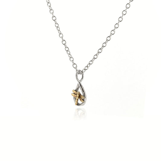 Raindrop Dragonfly Tiny Necklace - 9ct Yellow Gold and Sterling Silver Necklace